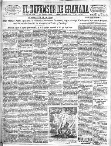 'El Defensor de Granada  : diario político independiente' - Año LIV Número 28716 Ed. Tarde - 1933 Junio 12