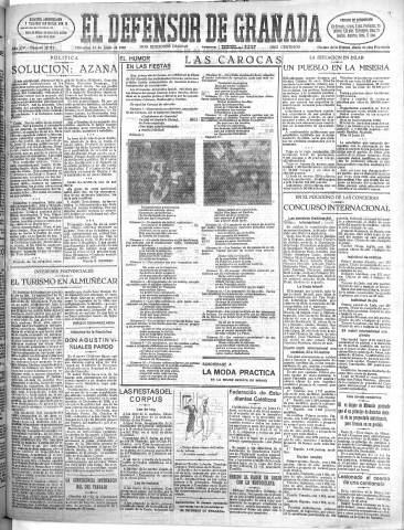 'El Defensor de Granada  : diario político independiente' - Año LIV Número 28719 Ed. Mañana - 1933 Junio 14