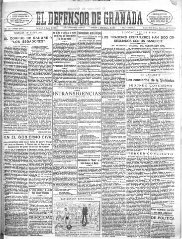 'El Defensor de Granada  : diario político independiente' - Año LIV Número 28727 Ed. Mañana - 1933 Junio 20