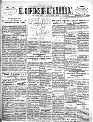 'El Defensor de Granada  : diario político independiente' - Año LIV Número 28728 Ed. Tarde - 1933 Junio 20