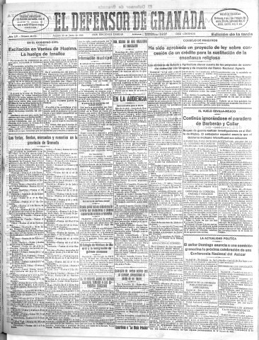 'El Defensor de Granada  : diario político independiente' - Año LIV Número 28734 Ed. Tarde - 1933 Junio 23