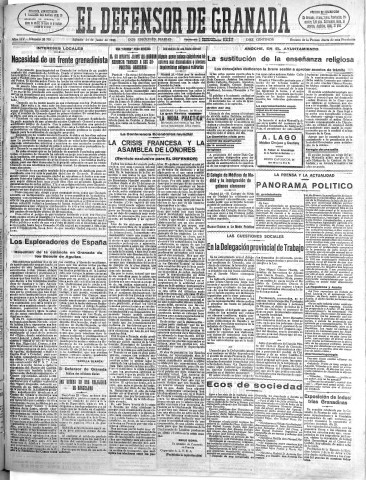 'El Defensor de Granada  : diario político independiente' - Año LIV Número 28735 Ed. Mañana - 1933 Junio 24