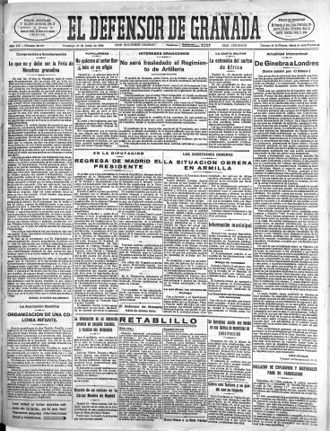'El Defensor de Granada  : diario político independiente' - Año LIV Número 28737 Ed. Mañana - 1933 Junio 25