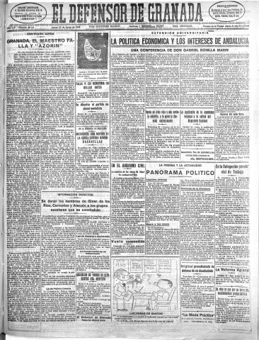 'El Defensor de Granada  : diario político independiente' - Año LIV Número 28743 Ed. Mañana - 1933 Junio 29