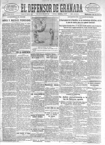'El Defensor de Granada  : diario político independiente' - Año LIV Número 28750 Ed. Tarde - 1933 Julio 06