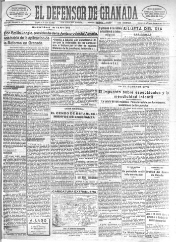 'El Defensor de Granada  : diario político independiente' - Año LIV Número 28751 Ed. Mañana - 1933 Julio 07