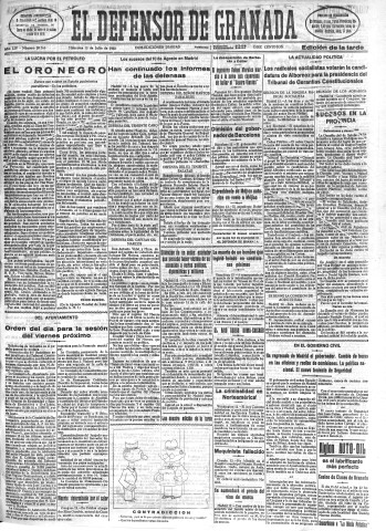 'El Defensor de Granada  : diario político independiente' - Año LIV Número 28760 Ed. Tarde - 1933 Julio 12