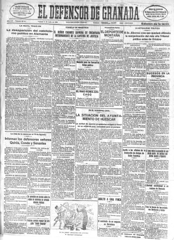 'El Defensor de Granada  : diario político independiente' - Año LIV Número 28764 Ed. Tarde - 1933 Julio 14