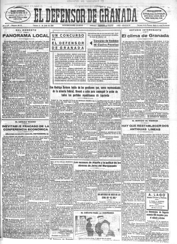 'El Defensor de Granada  : diario político independiente' - Año LIV Número 28775 Ed. Mañana - 1933 Julio 21