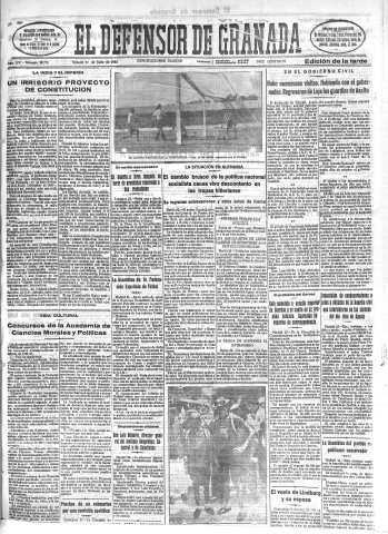 'El Defensor de Granada  : diario político independiente' - Año LIV Número 28778 Ed. Tarde - 1933 Julio 22