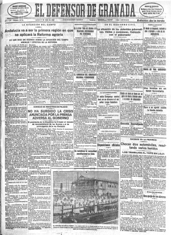 'El Defensor de Granada  : diario político independiente' - Año LIV Número 28786 Ed. Tarde - 1933 Julio 27