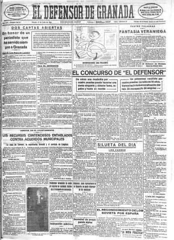 'El Defensor de Granada  : diario político independiente' - Año LIV Número 28789 Ed. Mañana - 1933 Julio 29