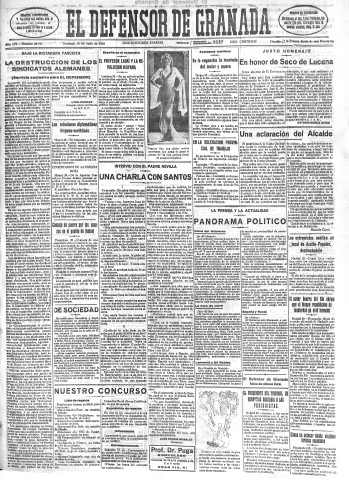'El Defensor de Granada  : diario político independiente' - Año LIV Número 28791 Ed. Mañana - 1933 Julio 30