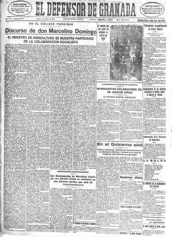 'El Defensor de Granada  : diario político independiente' - Año LIV Número 28792 Ed. Tarde - 1933 Julio 31