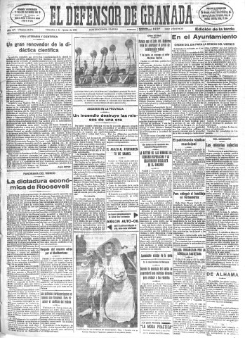 'El Defensor de Granada  : diario político independiente' - Año LIV Número 28796 Ed. Tarde - 1933 Agosto 02