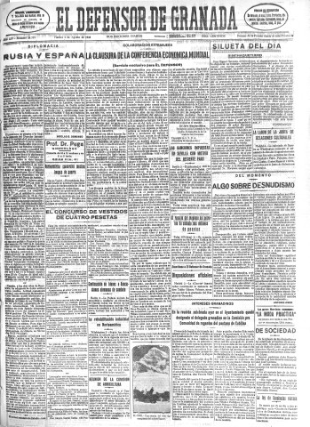 'El Defensor de Granada  : diario político independiente' - Año LIV Número 28799 Ed. Mañana - 1933 Agosto 04