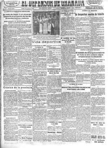 'El Defensor de Granada  : diario político independiente' - Año LIV Número 28806 Ed. Tarde - 1933 Agosto 08