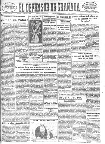 'El Defensor de Granada  : diario político independiente' - Año LIV Número 28807 Ed. Mañana - 1933 Agosto 09
