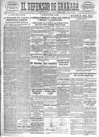 'El Defensor de Granada  : diario político independiente' - Año LIV Número 28817 Ed. Mañana - 1933 Agosto 15