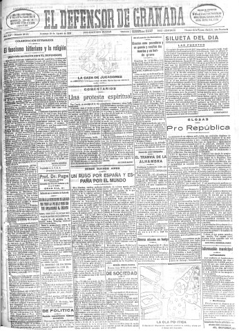 'El Defensor de Granada  : diario político independiente' - Año LIV Número 28826 Ed. Mañana - 1933 Agosto 20