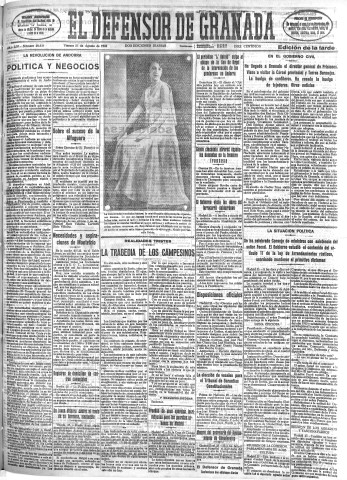 'El Defensor de Granada  : diario político independiente' - Año LIV Número 28835 Ed. Tarde - 1933 Agosto 25
