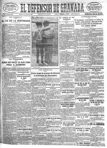 'El Defensor de Granada  : diario político independiente' - Año LIV Número 28837 Ed. Tarde - 1933 Agosto 26