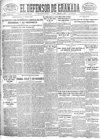 'El Defensor de Granada  : diario político independiente' - Año LIV Número 28842 Ed. Mañana - 1933 Agosto 30