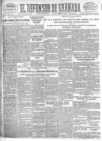 'El Defensor de Granada  : diario político independiente' - Año LIV Número 28848 Ed. Mañana - 1933 Septiembre 02