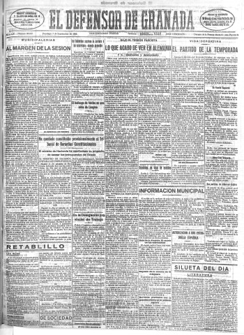 'El Defensor de Granada  : diario político independiente' - Año LIV Número 28850 Ed. Mañana - 1933 Septiembre 03