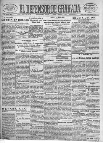 'El Defensor de Granada  : diario político independiente' - Año LIV Número 28858 Ed. Mañana - 1933 Septiembre 08