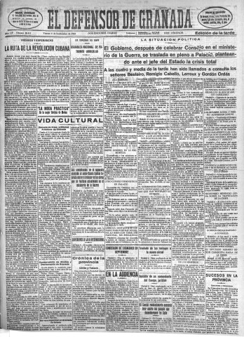 'El Defensor de Granada  : diario político independiente' - Año LIV Número 28859 Ed. Tarde - 1933 Septiembre 08