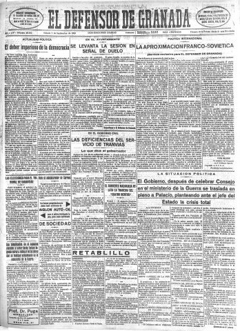 'El Defensor de Granada  : diario político independiente' - Año LIV Número 28860 Ed. Mañana - 1933 Septiembre 09