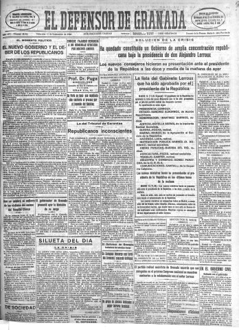'El Defensor de Granada  : diario político independiente' - Año LIV Número 28866 Ed. Mañana - 1933 Septiembre 13