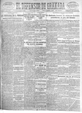 'El Defensor de Granada  : diario político independiente' - Año LIV Número 28867 Ed. Tarde - 1933 Septiembre 13