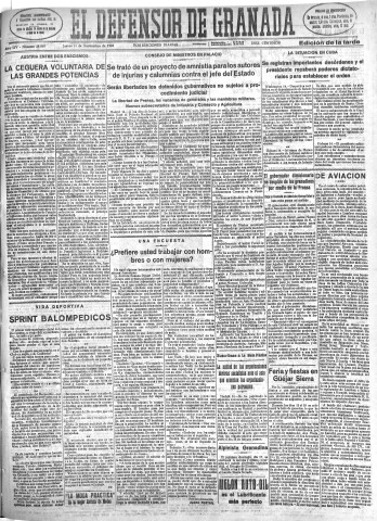 'El Defensor de Granada  : diario político independiente' - Año LIV Número 28869 Ed. Tarde - 1933 Septiembre 14