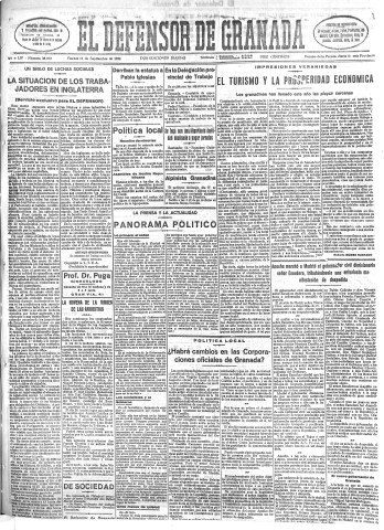'El Defensor de Granada  : diario político independiente' - Año LIV Número 28870 Ed. Mañana - 1933 Septiembre 15