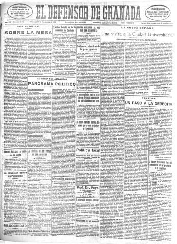 'El Defensor de Granada  : diario político independiente' - Año LIV Número 28874 Ed. Mañana - 1933 Septiembre 17