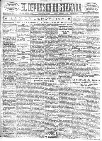 'El Defensor de Granada  : diario político independiente' - Año LIV Número 28875 Ed. Tarde - 1933 Septiembre 18