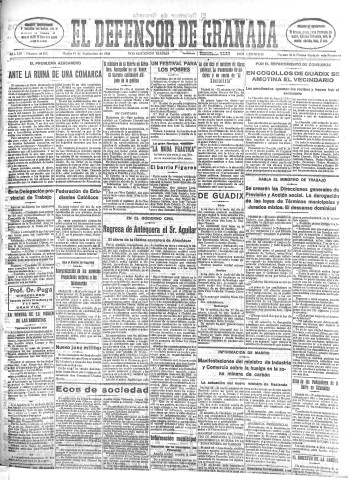 'El Defensor de Granada  : diario político independiente' - Año LIV Número 28876 Ed. Mañana - 1933 Septiembre 19