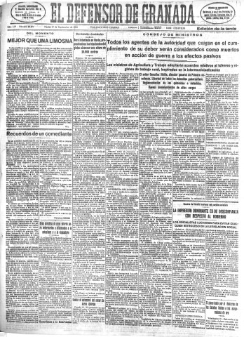 'El Defensor de Granada  : diario político independiente' - Año LIV Número 28877 Ed. Tarde - 1933 Septiembre 19