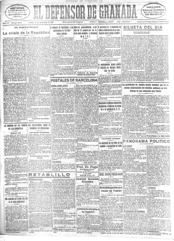 'El Defensor de Granada  : diario político independiente' - Año LIV Número 28882 Ed. Mañana - 1933 Septiembre 22