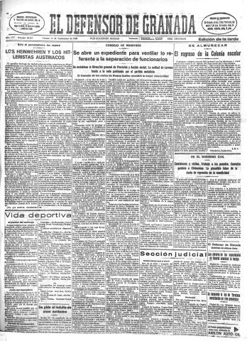 'El Defensor de Granada  : diario político independiente' - Año LIV Número 28883 Ed. Tarde - 1933 Septiembre 22