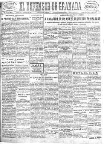 'El Defensor de Granada  : diario político independiente' - Año LIV Número 28884 Ed. Mañana - 1933 Septiembre 23