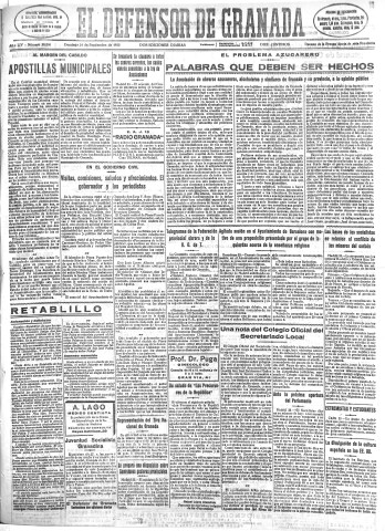 'El Defensor de Granada  : diario político independiente' - Año LIV Número 28886 Ed. Tarde - 1933 Septiembre 24