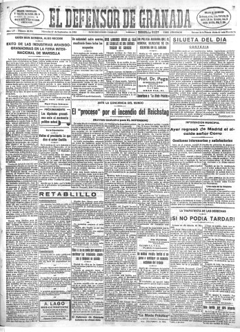'El Defensor de Granada  : diario político independiente' - Año LIV Número 28890 Ed. Mañana - 1933 Septiembre 27