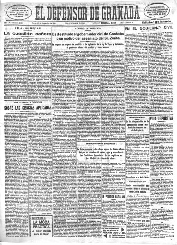 'El Defensor de Granada  : diario político independiente' - Año LIV Número 28893 Ed. Tarde - 1933 Septiembre 28