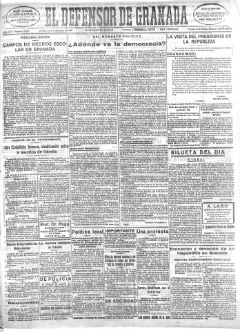 'El Defensor de Granada  : diario político independiente' - Año LIV Número 28896 Ed. Mañana - 1933 Septiembre 30