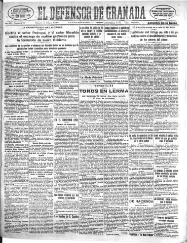 'El Defensor de Granada  : diario político independiente' - Año LIV Número 28907 Ed. Tarde - 1933 Octubre 06