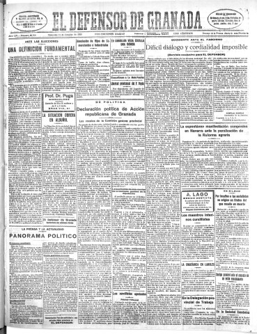 'El Defensor de Granada  : diario político independiente' - Año LIV Número 28914 Ed. Mañana - 1933 Octubre 11
