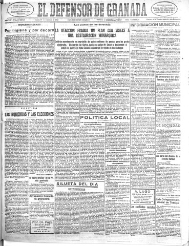 'El Defensor de Granada  : diario político independiente' - Año LIV Número 28928 Ed. Mañana - 1933 Octubre 19